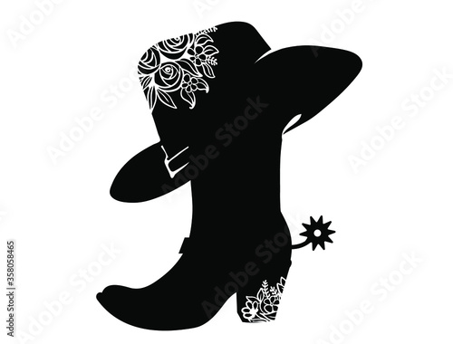 Cowboy boot black silhouette with text. Vector Cowgirl party printable illustration isolated on white. Western boot and hat