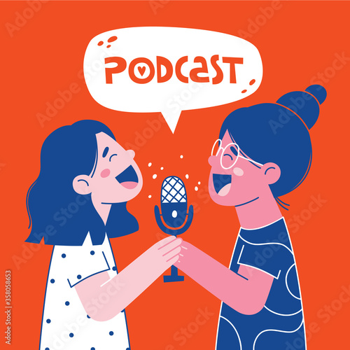 Vector podcast minimal girls characters talking and laughing with the microphone.