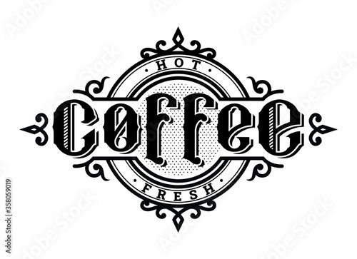Hot coffee, vintage style. Logo, emblem. Vector illustration.