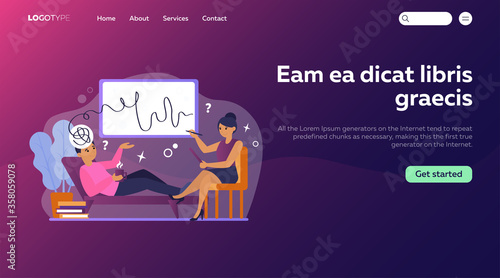 Female psychiatrist counseling patient flat vector illustration. Mental disorder and depression treatment. Psychologist service, psychoanalysis and psychotherapy concept