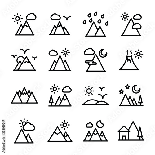 
Hill, Hill Station, Landscape, Mountains, Nature View, Scenery Line Vector Icons Set
