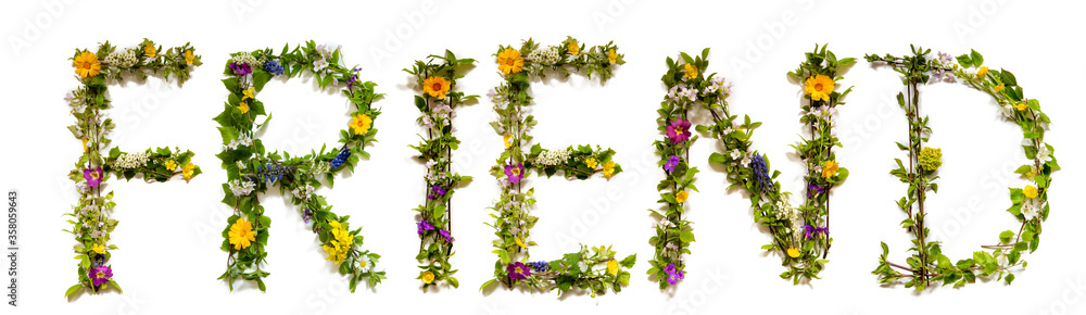 Flower, Branches And Blossom Letter Building English Word Friend. White Isolated Background