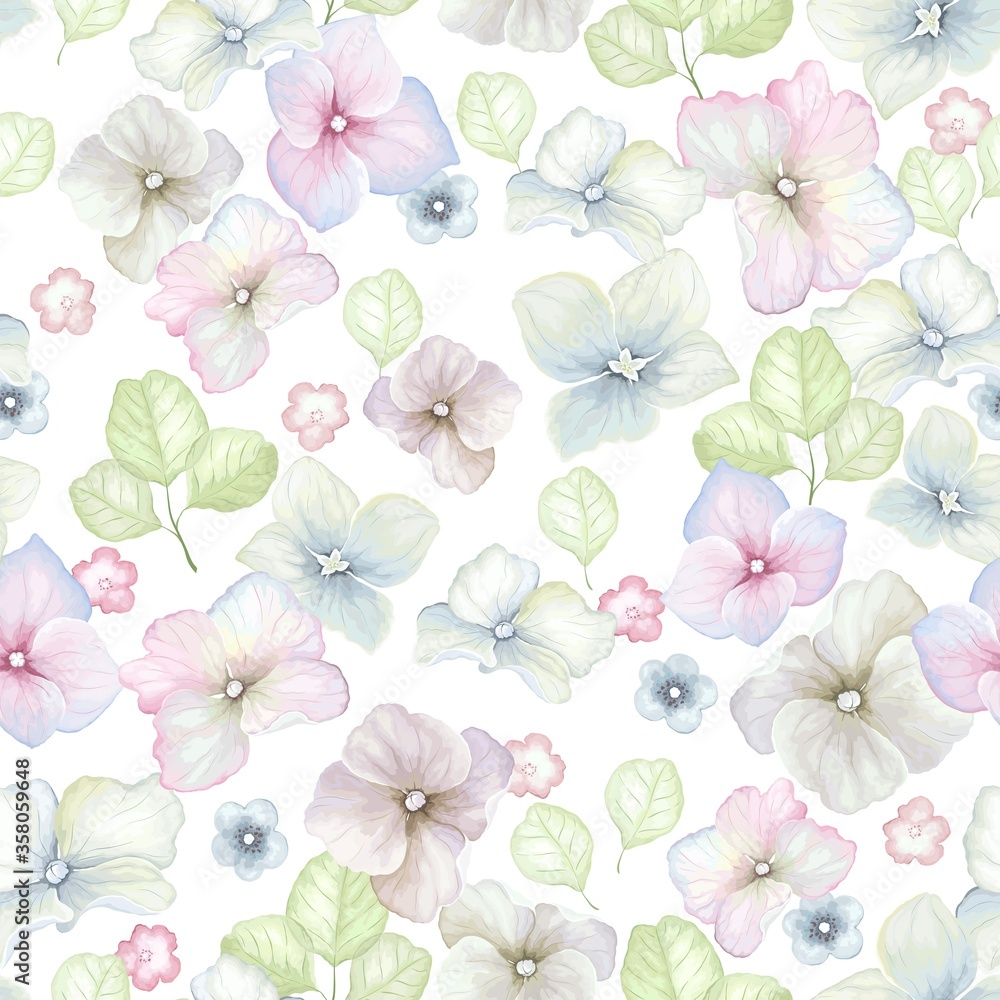 Inflorescence flowers hydrangea and green leaves randomly arranged in seamless pattern, vector floral illustration in vintage watercolor style.