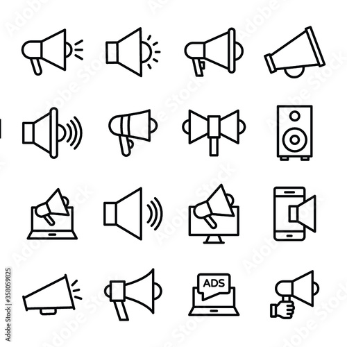 
Loud Hailer, Bull Horn, Promote, Speaker, Advertise, Promotion, And Speaker, Advertisement, Announcement Line Vector Icons Set
