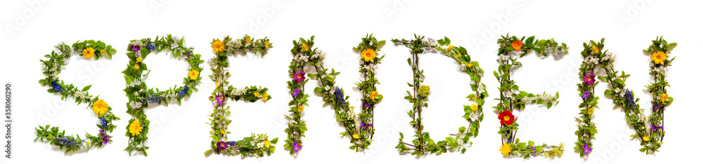 Flower, Branches And Blossom Letter Building German Word Spenden Means Donation. White Isolated Background