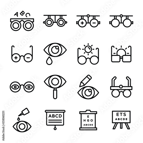 
Ophthalmologist, Optometrist, Eye Care, Healthcare, Medical, Medical Test, Eye Test Line Vector Icons Set
