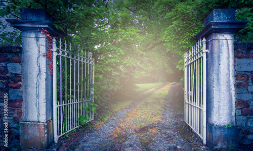 Old wrought iron gate at mysterious garden path.