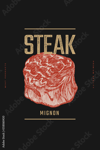 Mignon steak vector illustration. Hand-drawn slice of meat tenderloin on black background. Concept of fresh farm products. Design element for menu, flyer, poster of butcher shop, market, restaurant.
