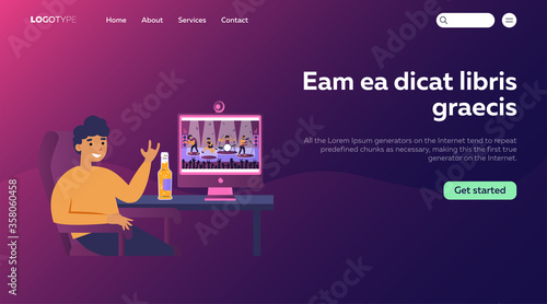 Young man watching concert online on computer. Man resting at home with beer in quarantine flat vector illustration. Internet and isolation concept for banner, website design or landing web page