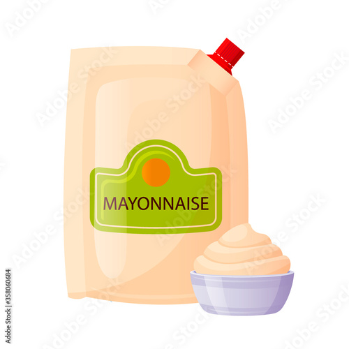 Mayonnaise sauce in foil pack with bowl cup. Mayo condiment, white cream in cartoon style. Fast food packaging template isolated on white background, vector illustration.
