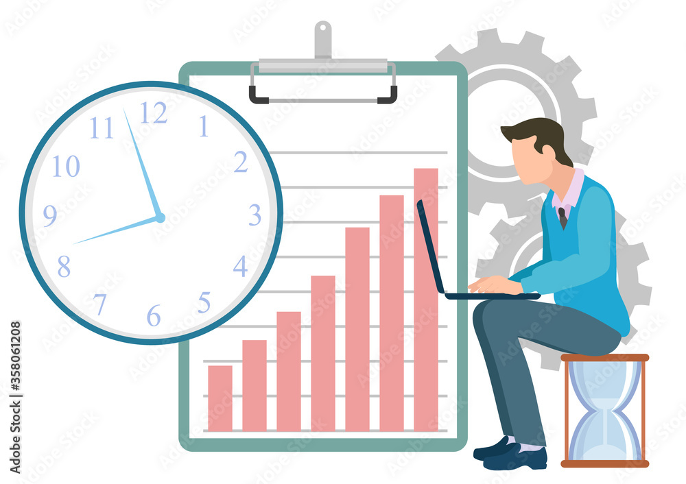 Person working on laptop sitting on hourglass vector, cogwheel and clipboard with infocharts growing graphics. Businessman coder with computer flat style