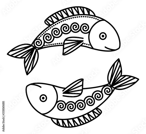 Twelfth astrological sign, pisces associated with constellation. Zodiac represented by symbol of two fishes. Outline drawing of aquatic animals on white background. Vector illustration in flat style