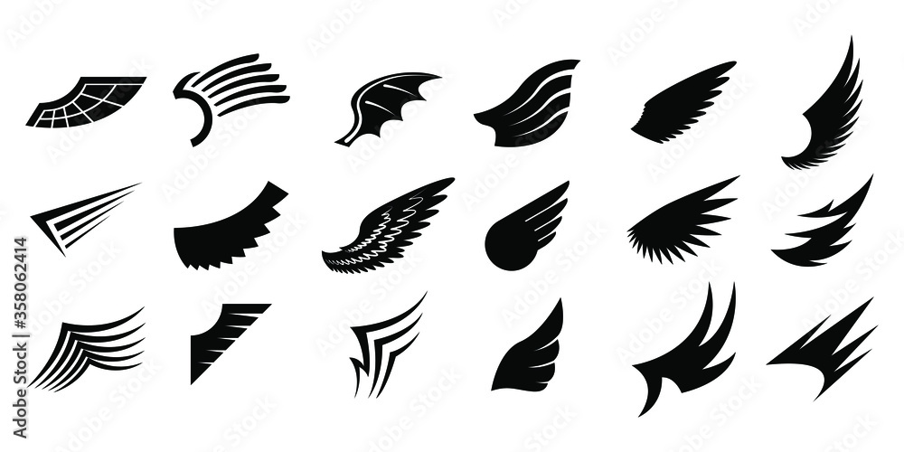 Obraz premium Set Black Line Flat Collection Wings Vector Icon Feather Design Style Decoration