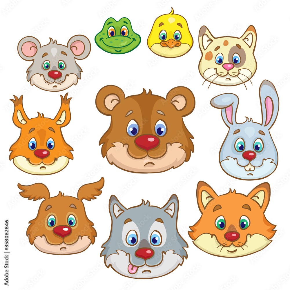 Faces of cute little animals. In cartoon style. Isolated on white background. Arranged in a circle. Vector illustration. Faces of cute little animals. In cartoon style. Isolated on white background. Arranged in a circle. Vector illustration.