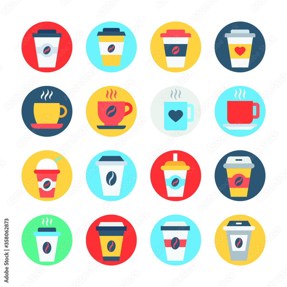 
Circular Color Coffee Vector Icons Set 

