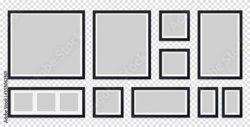 Realistic set picture frames black colors isolated on transparent background. Vector illustration.