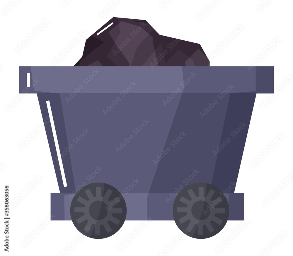 Carriage with wheels or wagon loaded with coal. Isolated icon of fossil fuel got from mine. Mining industry production and extraction of minerals from quarries. Transportation vector in flat Carriage with wheels or wagon loaded with coal. Isolated icon of fossil fuel got from mine. Mining industry production and extraction of minerals from quarries. Transportation vector in flat
