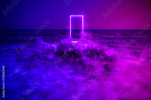 Strange fluorescent light layout with glowing neon frame,door and smoke on vibrant sea background.Copy space for poster, banner, invitation,Fairy mysterious, mystical Illustration. Paranormal portal