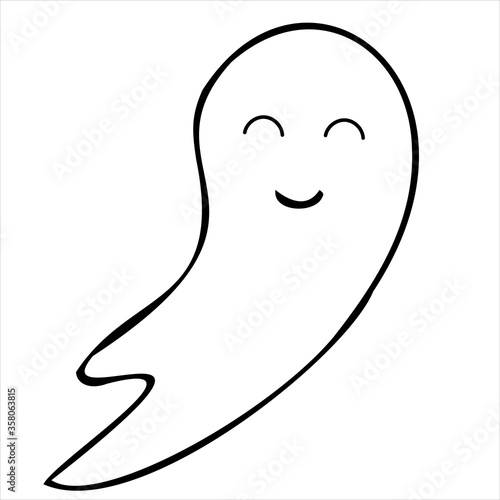 cute good ghost, vector decorative element, coloring cute kind ghost coloring book, vector doodle element for halloween celebration in black style, black outline