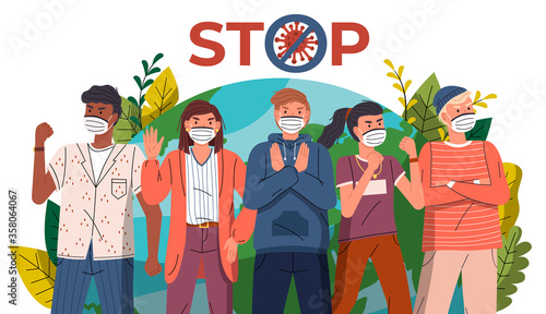Coronavirus quarantine. Group of people wearing face medical masks to prevent disease protecting from virus, flu, air pollution, contaminated air, world pollution. Crowd of people say stop to covid