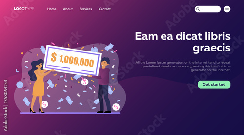 Lucky couple winning grant and showing cheque for one million dollars. Happy lottery winners celebrating success. Vector illustration of man and woman gaining money prize