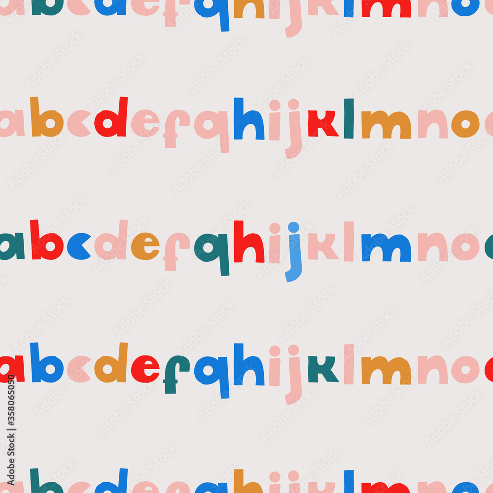 Alphabet seamless pattern. Handwritten colorful letters on light grey.  Funny cartoon letter repeatable pattern. Childish pattern design for fabric and stationery print.