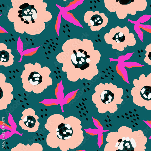 Beige flowers abstract pattern. Trendy hand-drawn vector floral pattern design. Seamless texture for web, textile, and stationery. Modern vibrant abstract florals and leaves.