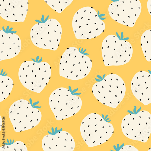 Modern strawberry seamless pattern. Big white round strawberries on yellow. Big vibrant berries. Berry pattern design for textiles, web banner, cards. Fresh summer fruits. Red berries and fruits.