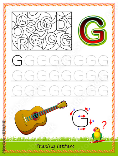 Worksheet for tracing letters. Find and paint all letters G. Kids activity sheet. Educational page for children coloring book. Developing skills for writing and tracing ABC. Online education.