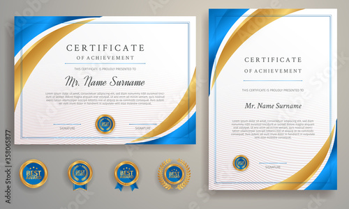Diploma and certificate template with blue color and golden badges