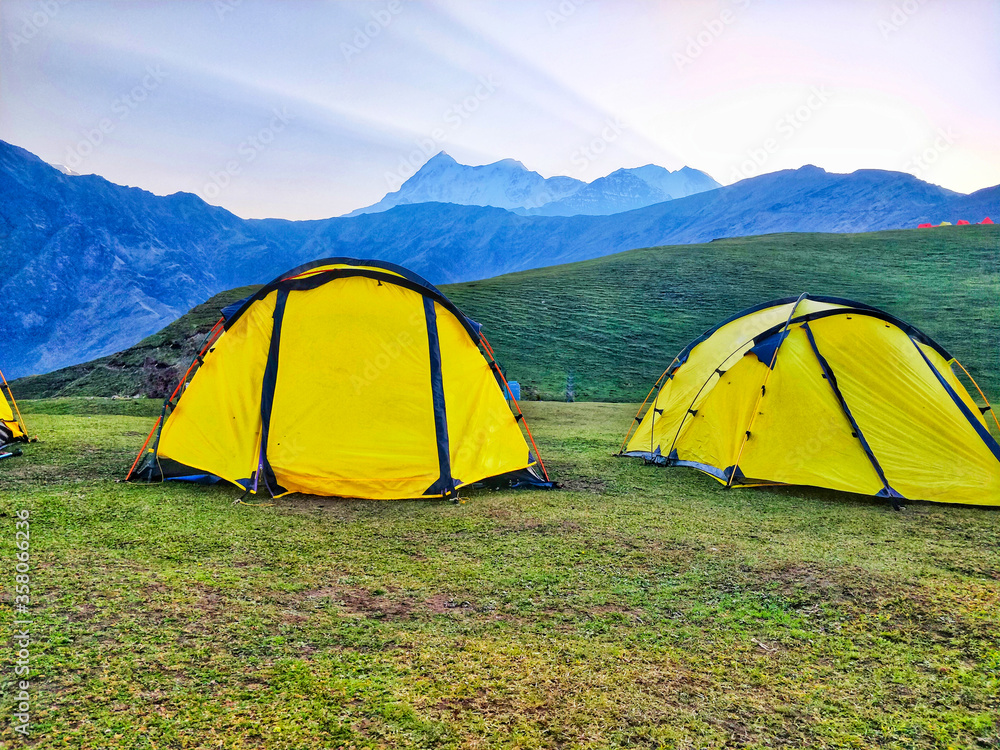 Camping on beautiful meadows of Indian Himalayas with an epic view
