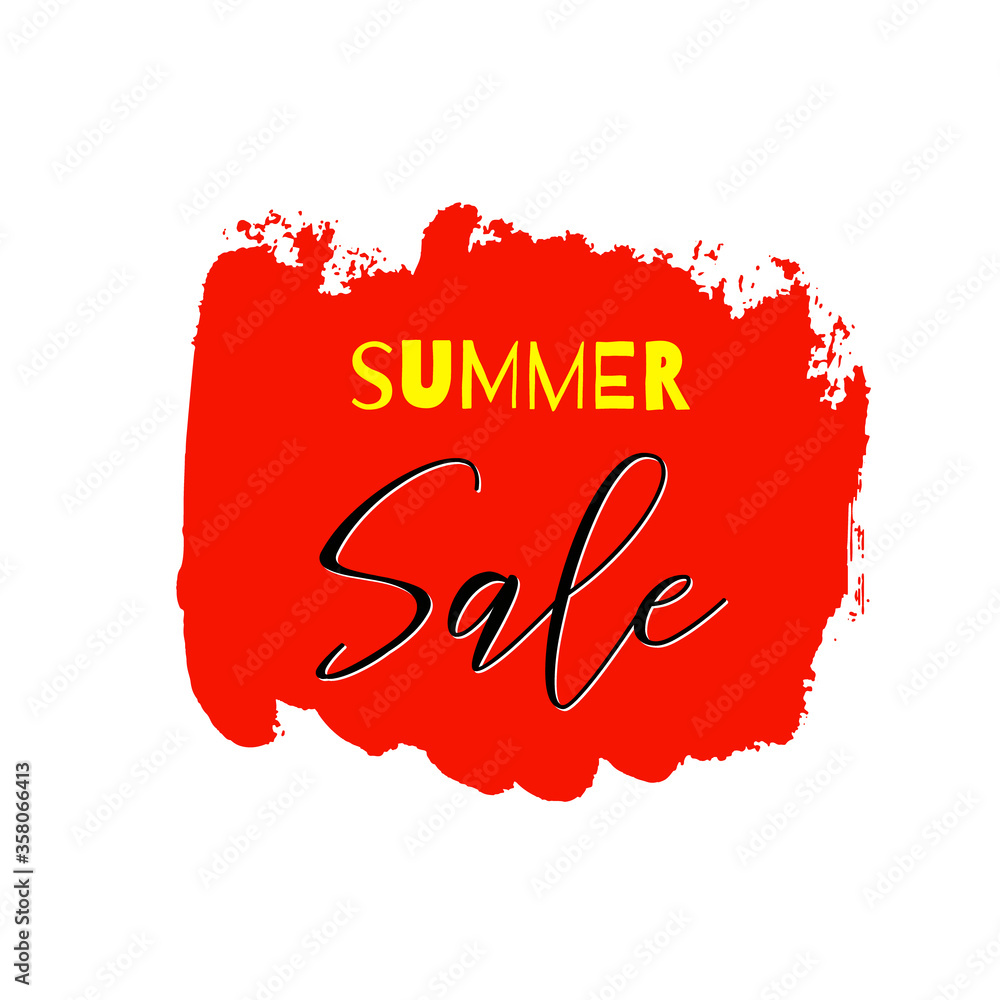 Summer sale lettering inscription. Vector hand drawn red watercolor texture isolated on white background. Grunge painted calligraphy frame template, dry brush stains, strokes, splash, blots, smudge.