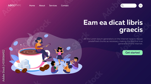 Woman sitting on coffee cup and playing guitar to children. Happy family morning flat vector illustration. Coffee break concept for banner, website design or landing web page