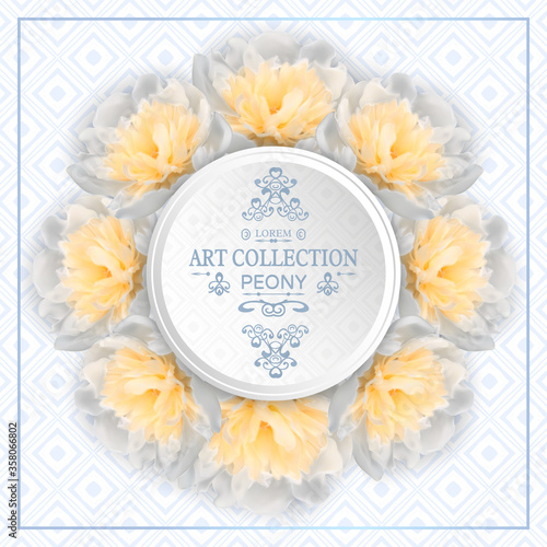 Vector square banner with realistic flowers of white peony. Floral round wreath with frame for text. Design template for wedding invitation, greeting card, cosmetic product