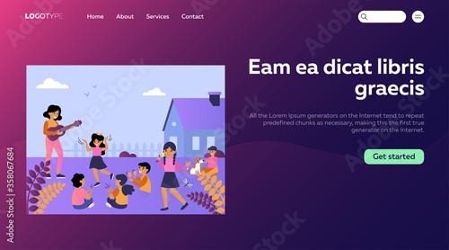 Female teacher playing guitar to children playing outside. Babysitter having fun with kids outdoors flat vector illustration. Summer leisure concept for banner, website design or landing web page