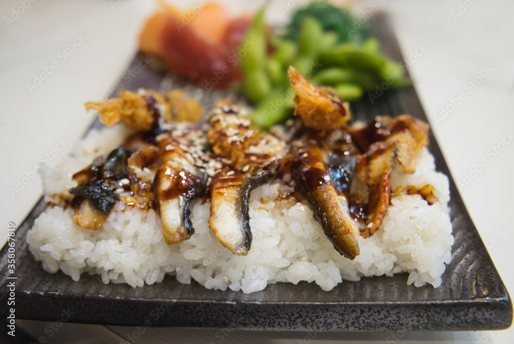 Delicious Asian dinner - boiled rice with grilled fish fillet, soy sauce and vegetables Delicious Asian dinner - boiled rice with grilled fish fillet, soy sauce and vegetables