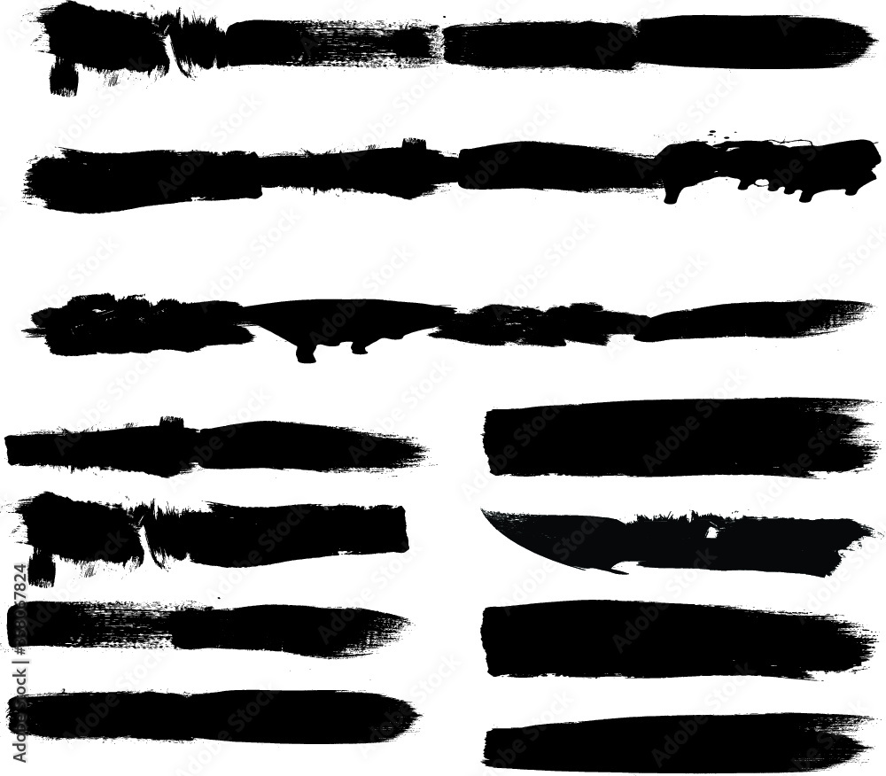Grunge Paint stripe . Vector brush Stroke . Distressed banner . Black isolated paintbrush collection . Modern Textured shape . Dry border in Black .