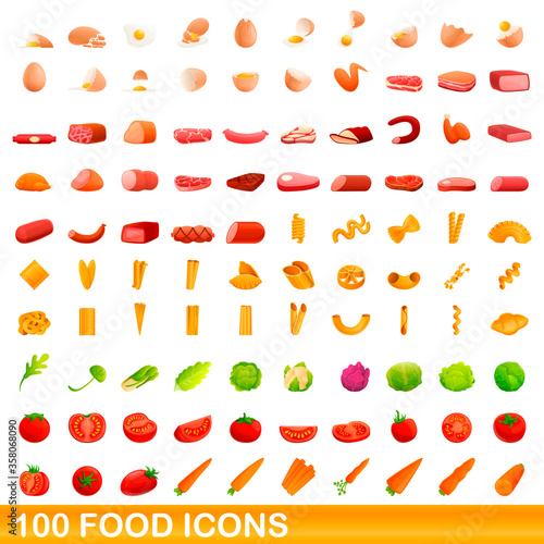 100 food icons set. Cartoon illustration of 100 food icons vector set isolated on white background