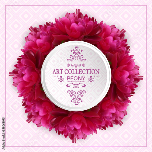Vector square banner with realistic flowers of dark red peony. Floral round wreath with frame for text. Design template for wedding invitation, greeting card, cosmetic product