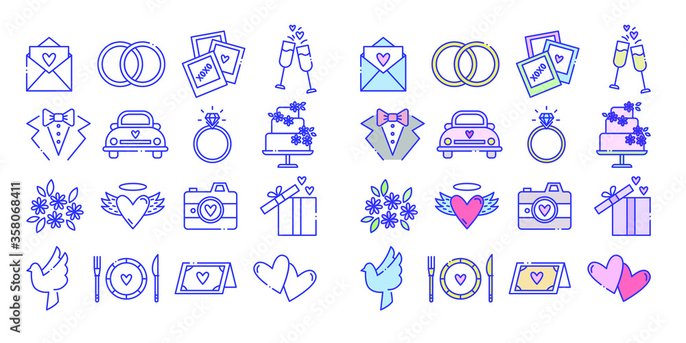 Love and wedding icons set. Included icons in the form of a letter, rings, photo, diamond, glasses, tailcoat, machine, cake, flowers, heart, camera, gift