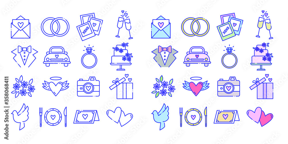 Love and wedding icons set. Included icons in the form of a letter, rings, photo, diamond, glasses, tailcoat, machine, cake, flowers, heart, camera, gift Love and wedding icons set. Included icons in the form of a letter, rings, photo, diamond, glasses, tailcoat, machine, cake, flowers, heart, camera, gift