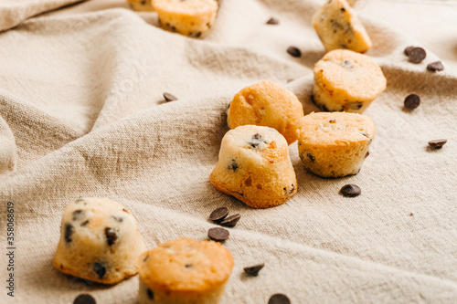 Several cute little Chocolate chips muffins with some chocolate chips and muffins on the background. Tasty and sweet concept.