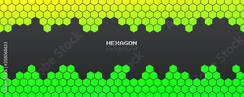Vector abstract, geometric background, metallic yellow green hexagonal shapes on a gray background. For banner, print design, social networks, place for text. Copyspace