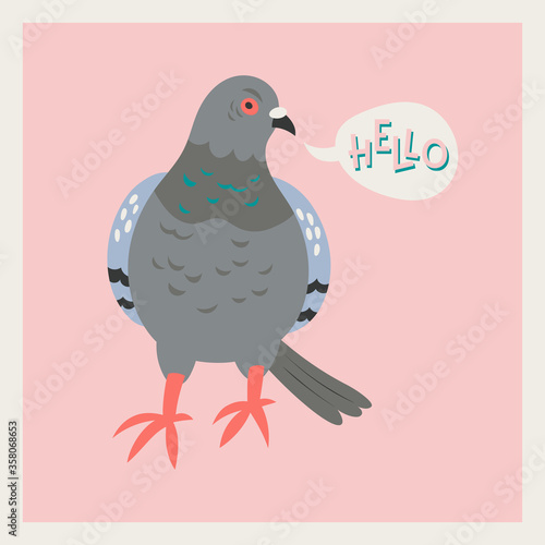 Vector card with urban pigeon and lettering "Hello" in comic style