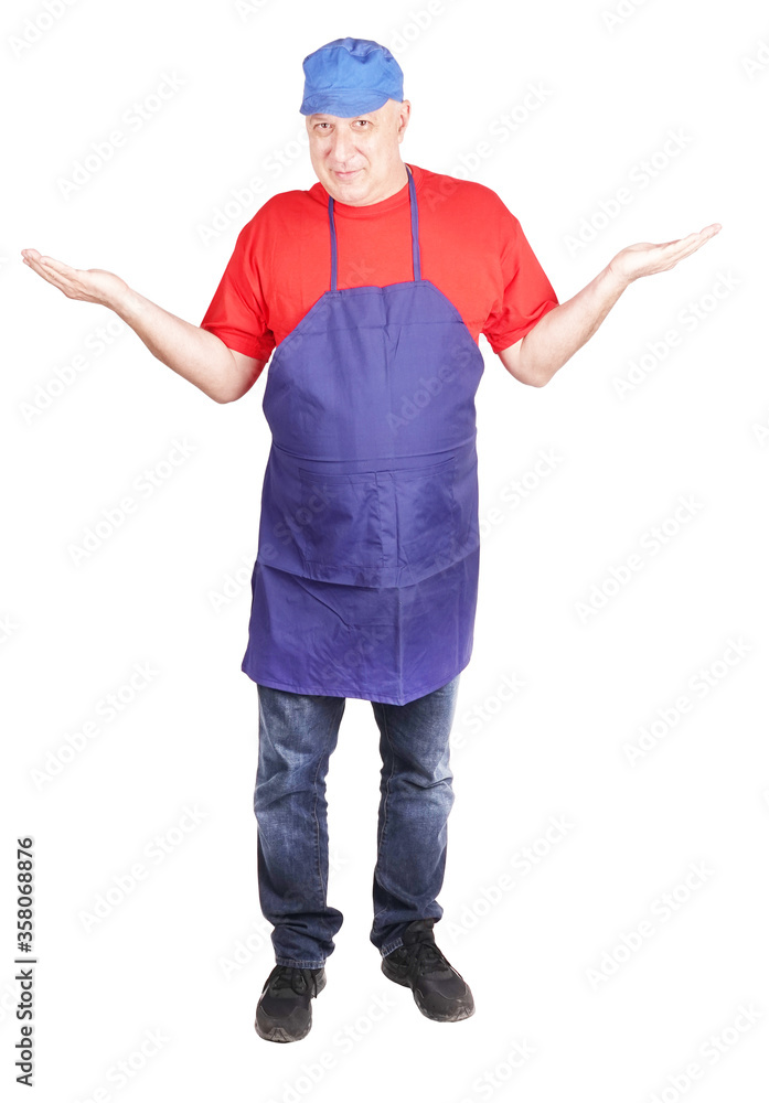 Man worker job is showing gesture with both hands promote commercial Man worker job is showing gesture with both hands promote commercial