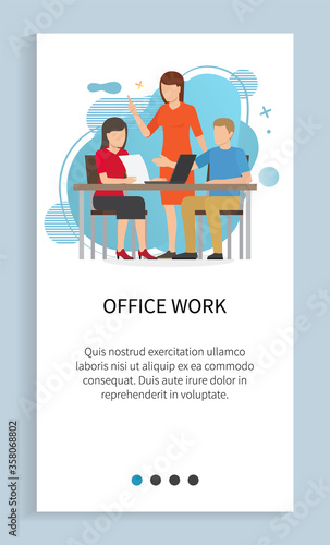 Office work vector, man and woman brainstorming on new concepts of business development, boss and workers, lady with documents, male and laptop. Website slider app template, landing page flat style