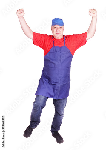 Happy man worker job is cheering with both hands promote commercial