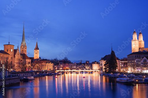 Panorama of the skyline of Zurich, Switzerland at night