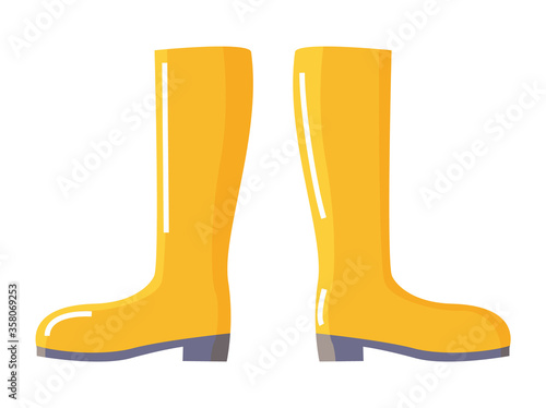 Waterproof yellow wellingtons for rainy and wet weather or works in humid territories. Gumboot for protection of water and liquids isolated icon. Footwear made of rubber, vector in flat style