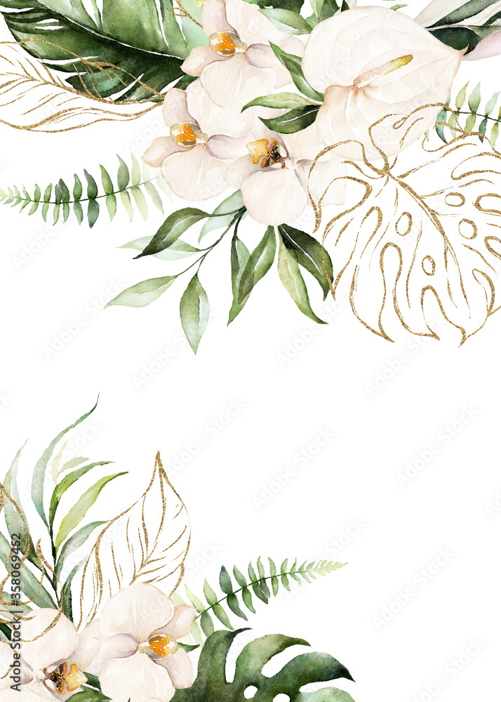 Watercolor tropical floral border - green, gold, blush leaves & flowers . For wedding stationary, greetings, wallpapers, fashion, background.